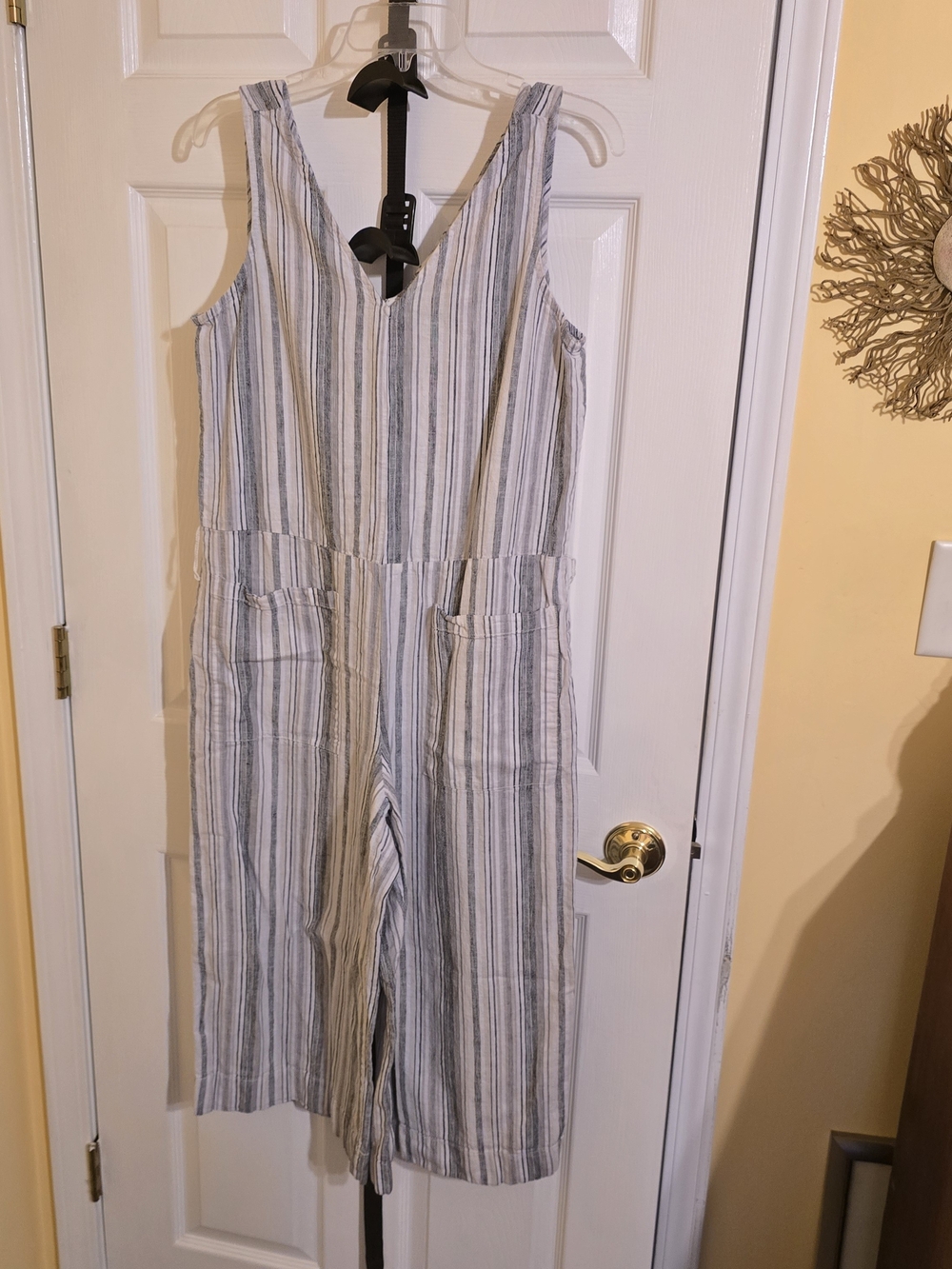 beachlunchlounge Black and White Striped V-Neck Linen Jumpsuit